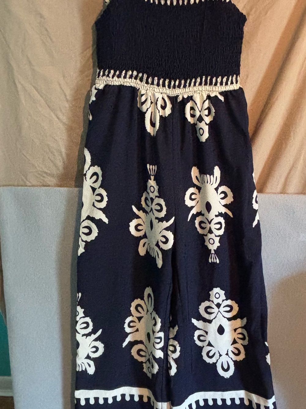 SHEIN Maxi Boho Medallion Print Wide Leg Jumpsuit, Smocked Bodice Palazoo Romper
